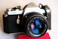 old vintage Pentax photo film camera and lens Royalty Free Stock Photo