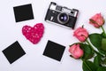 Old vintage photo camera and pink roses on a white background. Royalty Free Stock Photo