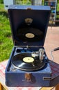 Old Vintage Portable Record Player for Reproducing Sound from Gramophone Records Royalty Free Stock Photo