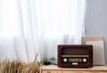 Old vintage radio with shelf on the wooden cabinet