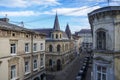 Old vintage residential buildings on narrow street in the historical center of the Lviv, Ukraine Royalty Free Stock Photo