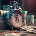 An old, vintage, retro alarm clock on a wooden table rolls off a slanted table. Royalty Free Stock Photo