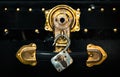 Old vintage retro box and padlock from treasure vault pirateÃÂ´s chest in gold color with rusty metal details