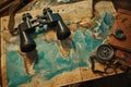 Old vintage retro compass and binoculars on ancient world map. Travel geography navigation concept background. Royalty Free Stock Photo