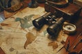 Old vintage retro compass and binoculars on ancient world map. Travel geography navigation concept background. Royalty Free Stock Photo