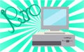 Old, vintage, retro, hipster, antique, disco, gray, bright, beautiful computer with floppy on a background of green gradient rays Royalty Free Stock Photo