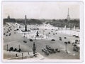 Old vintage paper photo print of Luxor Obelisk in de la Concorde in Paris, old cars traffic in 1934e