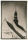 Old vintage paper photo lith print of church in Dobrowoda in southern Poland