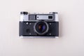 Old vintage retro single silver photo film camera copy space top view flat lay on white background