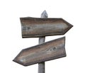 Old wooden road sign with two arrows isolated