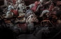 Old vintage rocking horses collection in dark atmosphere