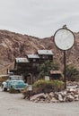 Old vintage rusty car truck abandoned in the abandoned gas station. Royalty Free Stock Photo