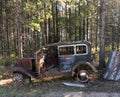 Old vintage Rusty Car in wooded area in Canada.