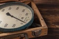 Old vintage scales with arrows, canter in box on a wooden background