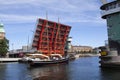 Old vintage schooner ship passing through an open drawbridge Royalty Free Stock Photo