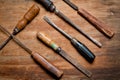 Old vintage screwdrivers and files of the last century extracted from the chest in the workshop of grandfather. Background for Royalty Free Stock Photo