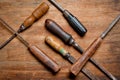 Old vintage screwdrivers and files of the last century extracted from the chest in the workshop of grandfather. Background for Royalty Free Stock Photo