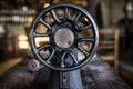 Old VIntage Sewing Machine Pulley on a Village Table