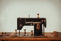 Old vintage sewing machine on wooden table on white wall background Royalty Free Stock Photo