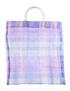 Old vintage shopping bag bag made of plastic, white and blue, on a white background. Soviet style of the 1980-1990s.