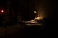 Old vintage single bed at night . A realistic dollhouse bedroom with furniture and window