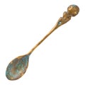 Old vintage small brass spoon with green patina isolated