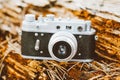 Old Vintage Small-Format Rangefinder Camera, 1950-1960s. Royalty Free Stock Photo