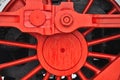 Old vintage steam train, locomotive, train with red wheels, old carriages, close-up to the wheels Royalty Free Stock Photo