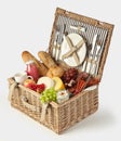 Old vintage style picnic hamper packed with food Royalty Free Stock Photo