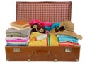 Old vintage suitcase packed with clothes