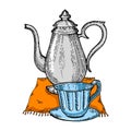 Old vintage teapot and cup engraving style raster