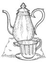Old vintage teapot and cup engraving style vector