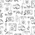 Old vintage telephone background. Vector seamless pattern of retro phones. Repeat backdrop of black telephones isolated on white