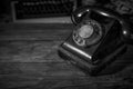 Old vintage telephone on a desk, cinematic noir scene