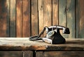 Old vintage telephone with dialer on a wooden table. Nostalgic moods