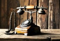 Old vintage telephone with dialer on a wooden table. Nostalgic moods