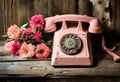 Old vintage telephone with dialer on a wooden table. Nostalgic moods