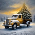 An old vintage truck with a Christmas tree in a cold snowy winter landscape