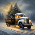 An old vintage truck with a Christmas tree in a cold snowy winter landscape