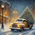 An old vintage truck with a Christmas tree in a cold snowy winter landscape