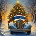 An old vintage truck with a Christmas tree in a cold snowy winter landscape