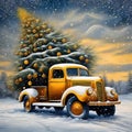 An old vintage truck with a Christmas tree in a cold snowy winter landscape