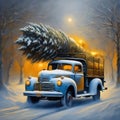 An old vintage truck with a Christmas tree in a cold snowy winter landscape