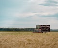 Old vintage truck on wheat field with a cafe signboard. Canterbury, New Zealand Royalty Free Stock Photo