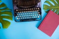Old and vintage type writer machine and books and green leaves over blue background - with copy space. Royalty Free Stock Photo