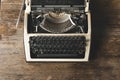 Old Typewriter On A Wooden Background, Top View. Creative Journalism Writer Blogger Concept