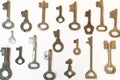 Old vintage various keys pattern. Antique metal gold bronze silver color different clue for padlock. Set flat lay top Royalty Free Stock Photo