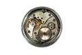 Old vintage watch mechanism. Rusty oil dirt on circle gears before cleaning and refining. Required watch service repair Royalty Free Stock Photo