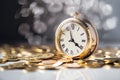 Old vintage watches lie on gold coins. Generative ai