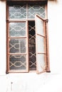 Old vintage window of house old fashion design classic on rustic painted concrete wall background Royalty Free Stock Photo